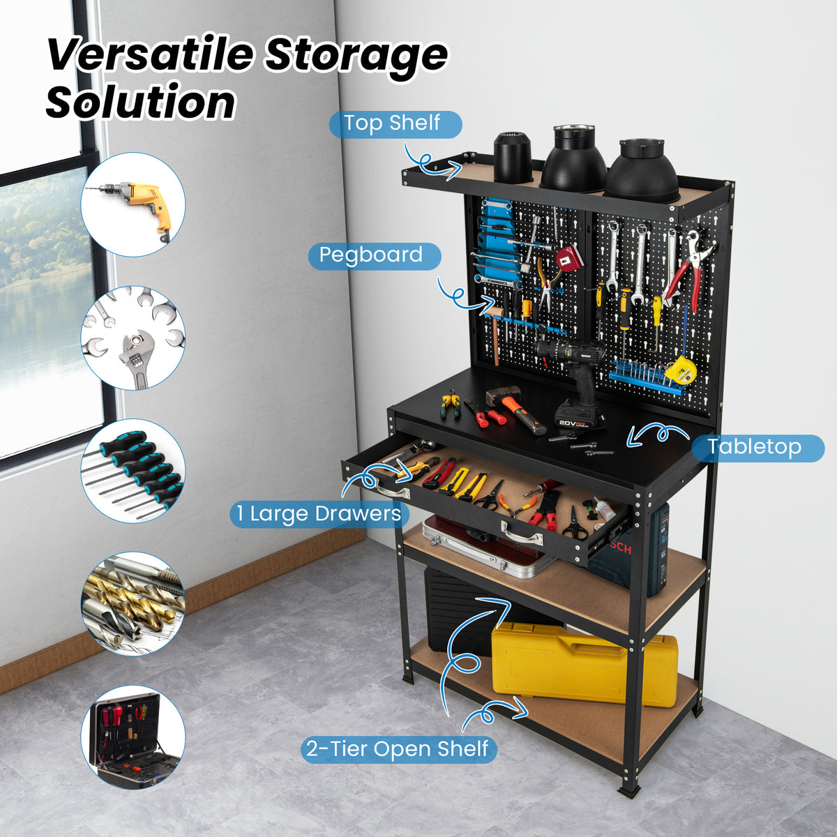 The blue tool storage workbench shown as a versatile storage solution
