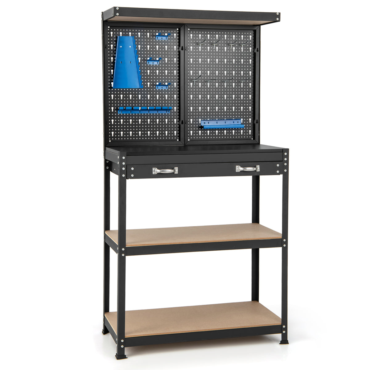 The blue tool storage workbench with pegboard shelves and drawers, empty