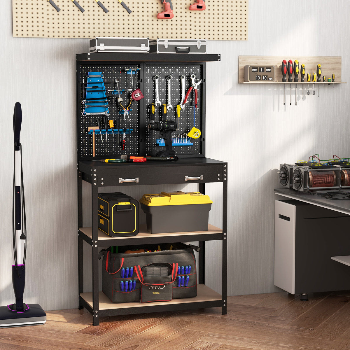 The blue tool storage workbench with pegboard shelves and drawers in a garage setting