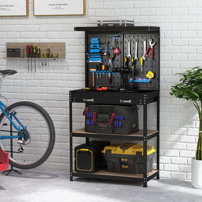 The blue tool storage workbench with pegboard shelves and drawers next to a bicycle