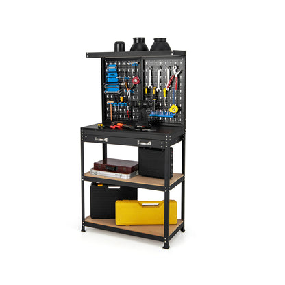 Tool Storage Workbench with Pegboard Shelves and Drawers in blue, showing the top shelf with tools and pegboard