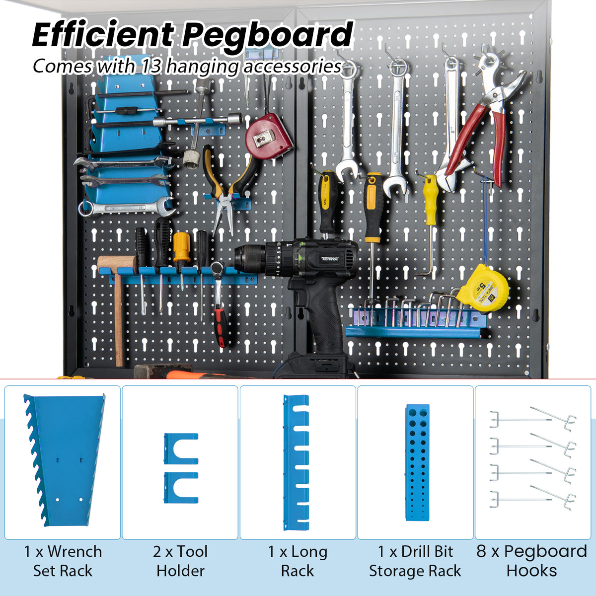 Close-up of the pegboard on the blue tool storage workbench with accessories