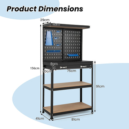 Product dimensions diagram for the blue tool storage workbench