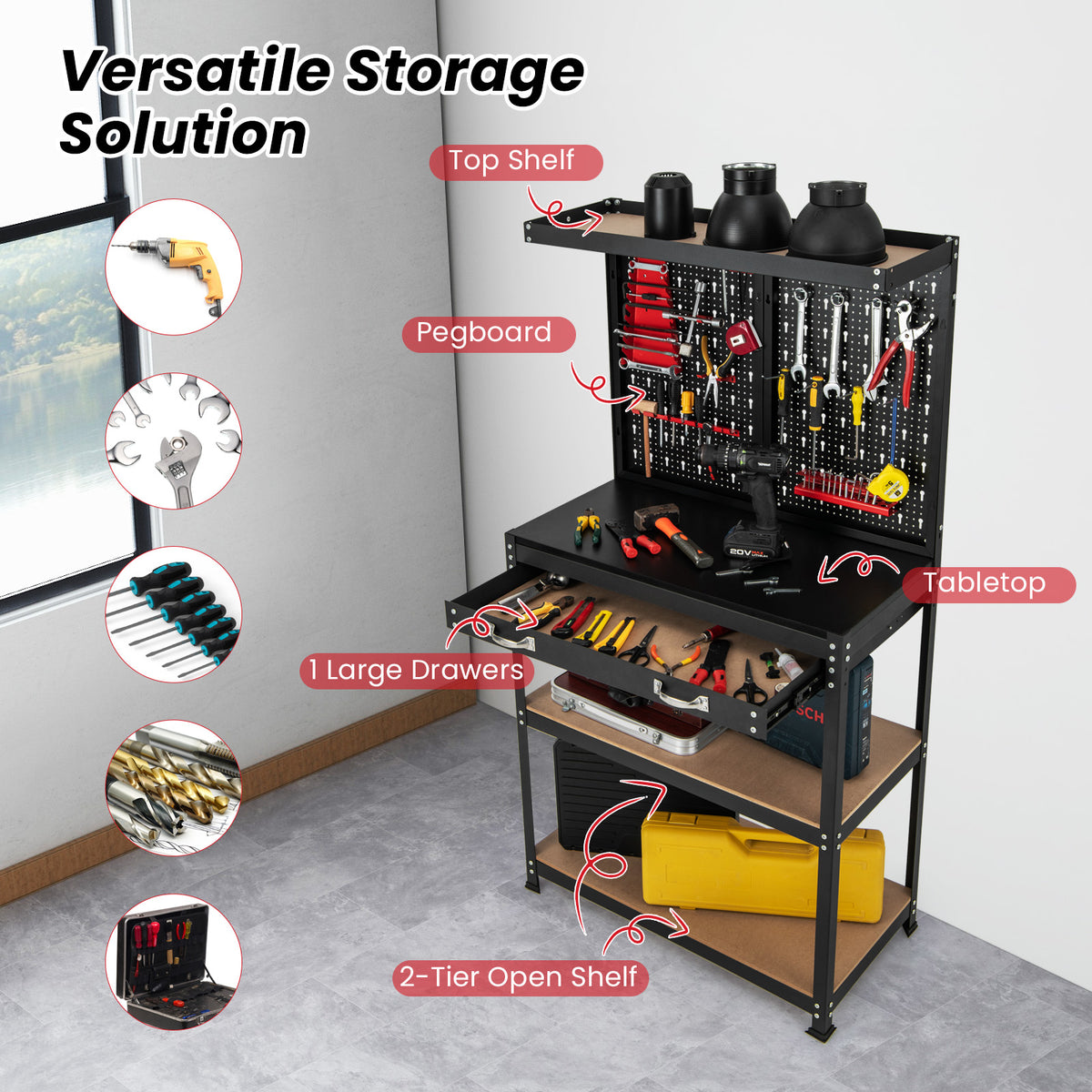 The garage workbench highlighting key features like the drawer and shelves with callouts