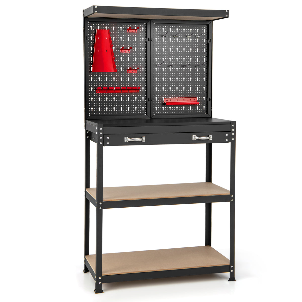 The garage workbench with empty pegboard and shelves on a plain white background