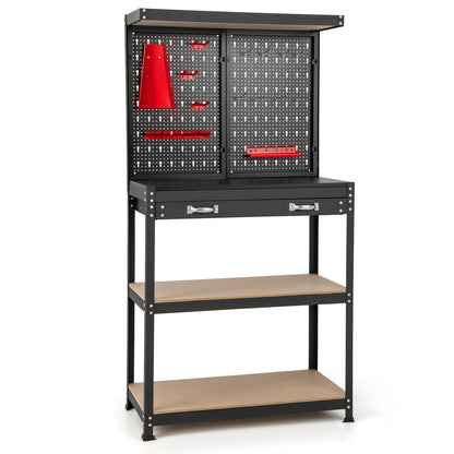 The garage workbench with empty pegboard and shelves on a plain white background