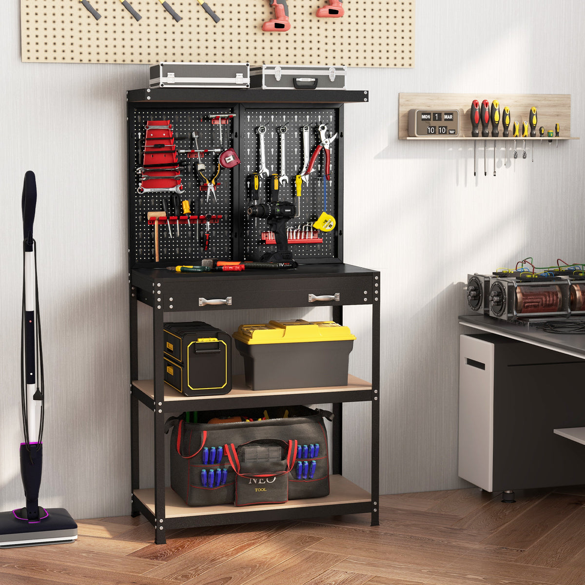 The garage workbench placed in a home workshop setting with tools and storage boxes