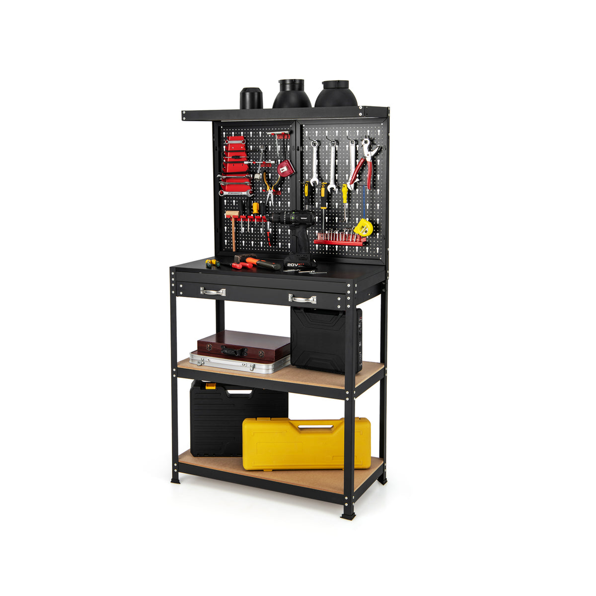 Tool Storage Workbench with Pegboard Shelves and Drawers filled with various tools and cases