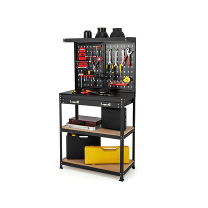 Tool Storage Workbench with Pegboard Shelves and Drawers filled with various tools and cases