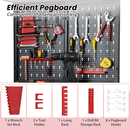 The garage workbench pegboard showing the included hooks and tool racks in detail