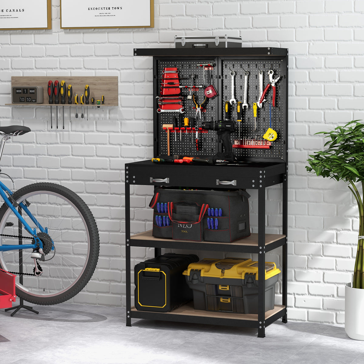 The garage workbench standing against a white brick wall next to a bicycle