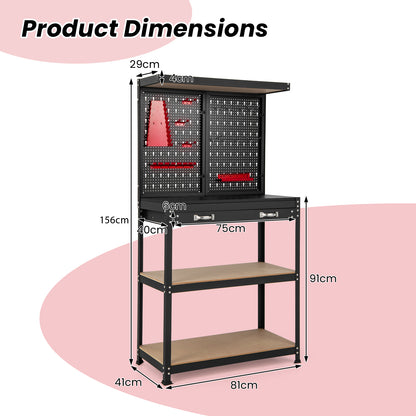 The garage workbench showing overall height width and depth with labels
