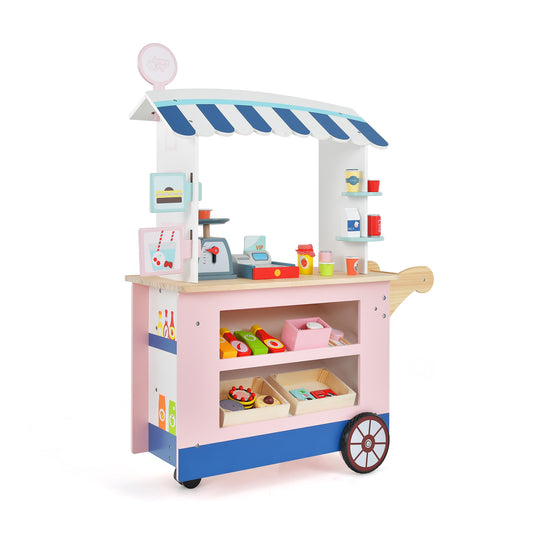 Toy Cart Play Set with a striped roof, POS machine, scale, and various food items on shelves