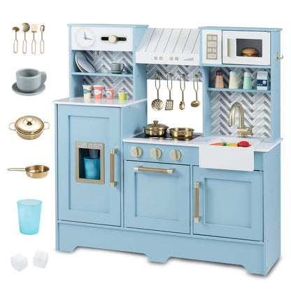 Close up of the blue toy kitchen playset with accessories laid out