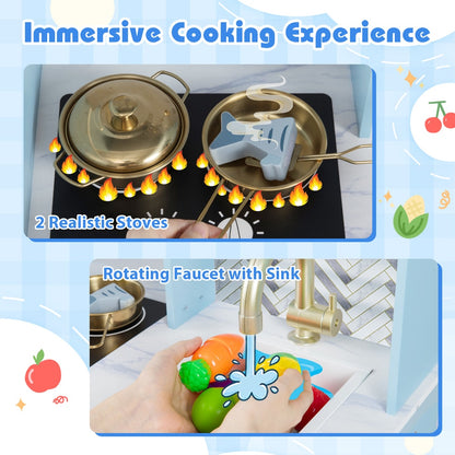 Close up of the toy kitchen playset's cooking and water features