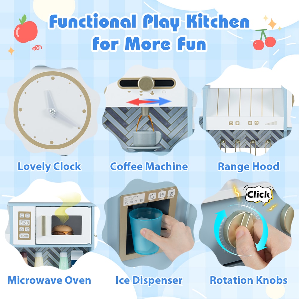 Features of the blue play kitchen including clock and coffee machine