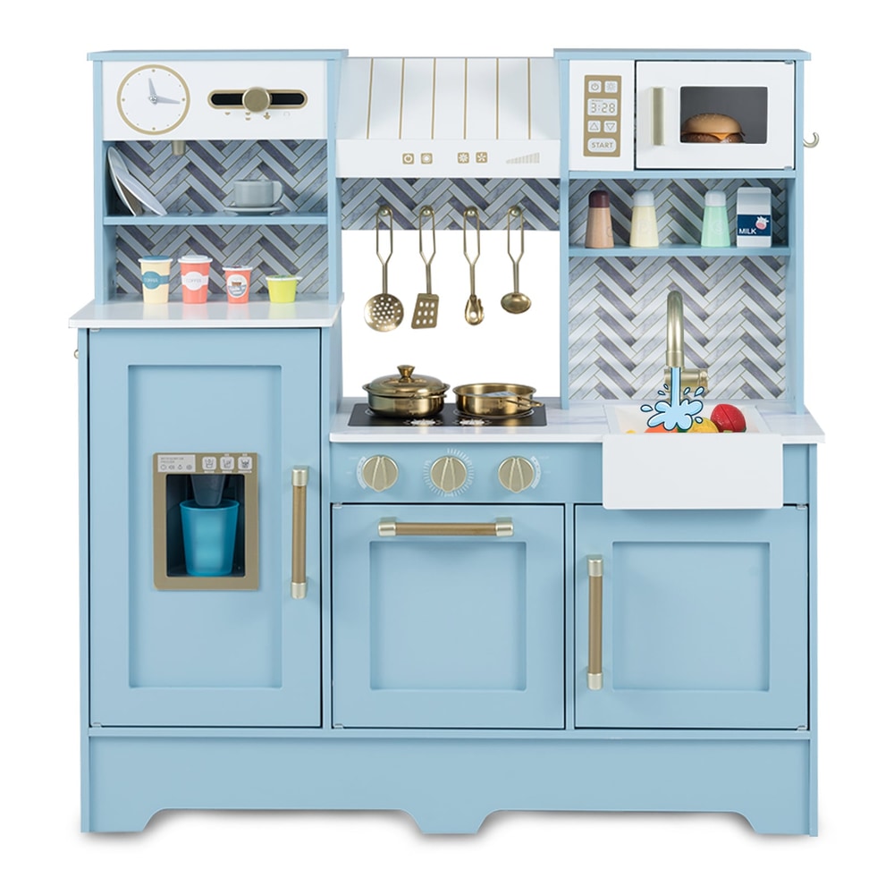 Toy Kitchen Playset with coffee station and range hood in blue