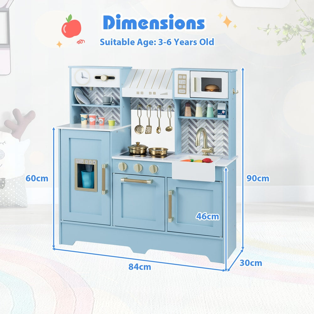 Dimensions of the blue toy kitchen playset shown with measurements