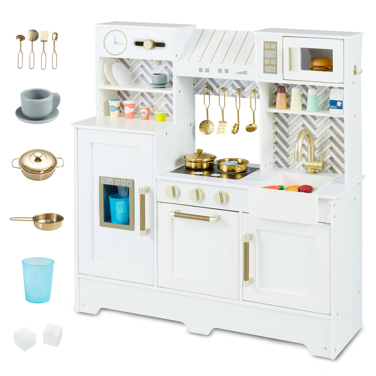 White toy kitchen playset with cooking accessories and ice cubes