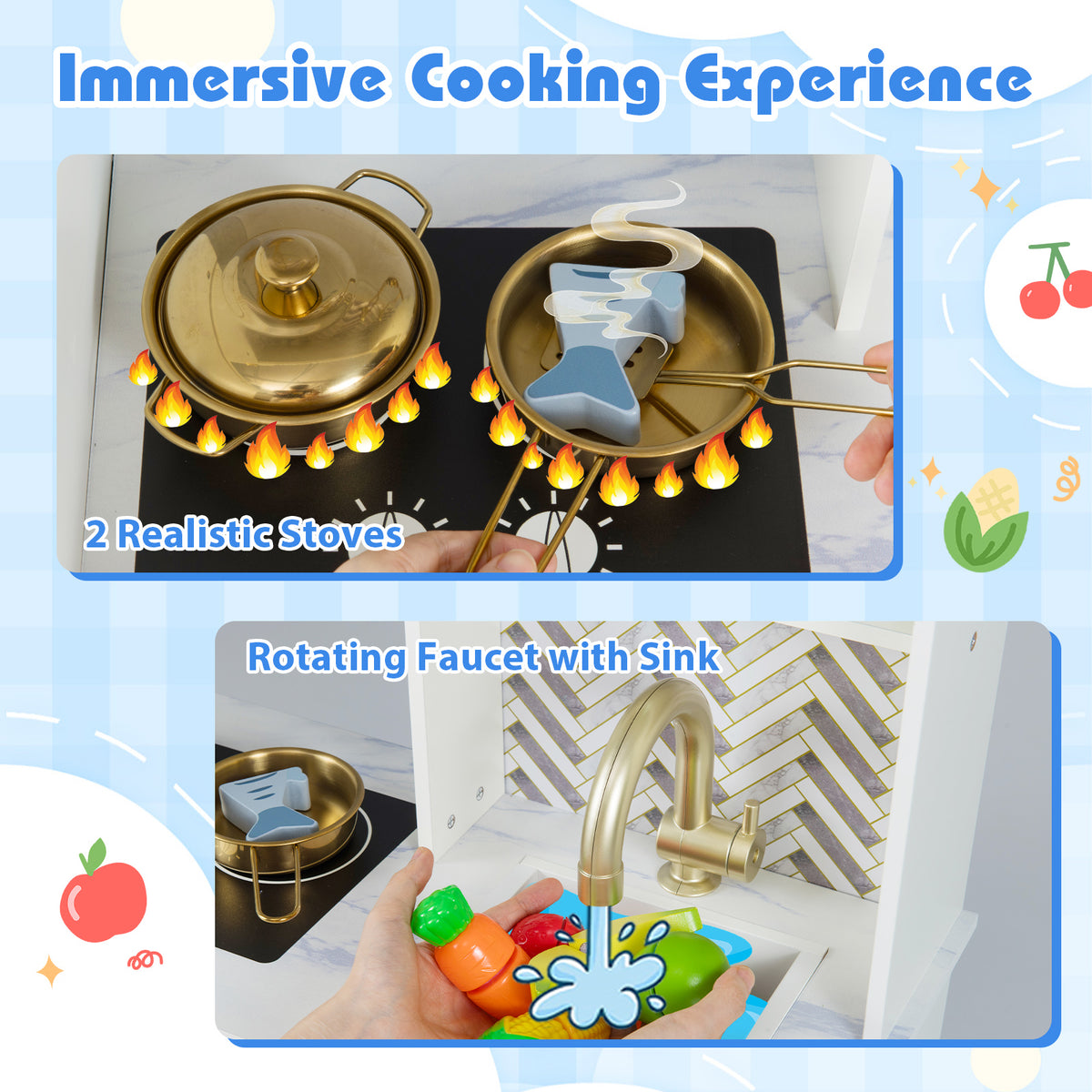 Close up of the toy kitchen playset showing cooking pots and sink