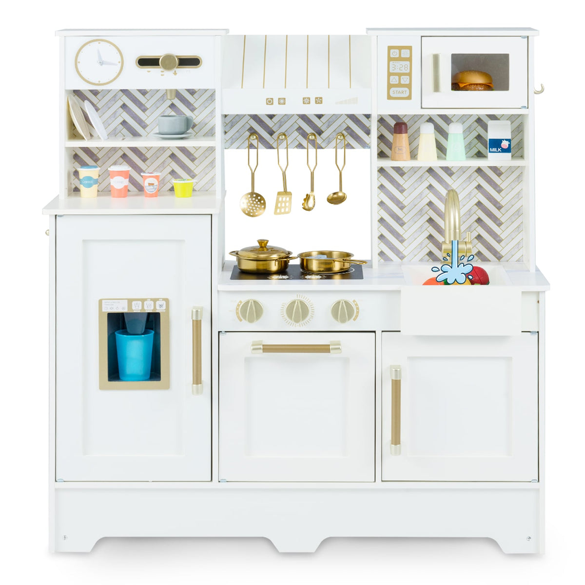 Toy Kitchen Playset with coffee station and range hood in white