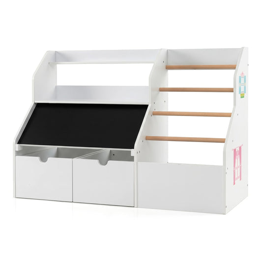 Toy Storage Organizer with flip-up blackboard and movable drawers in white