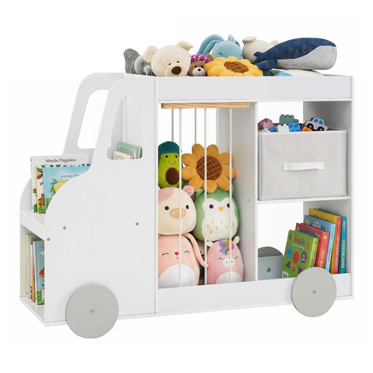 Toy Storage Organizer filled with books, plush toys and a fabric drawer in a playroom setting