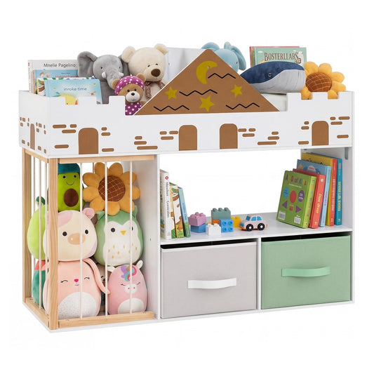 Toy Storage Organizer with stuffed animal storage and open shelves in white