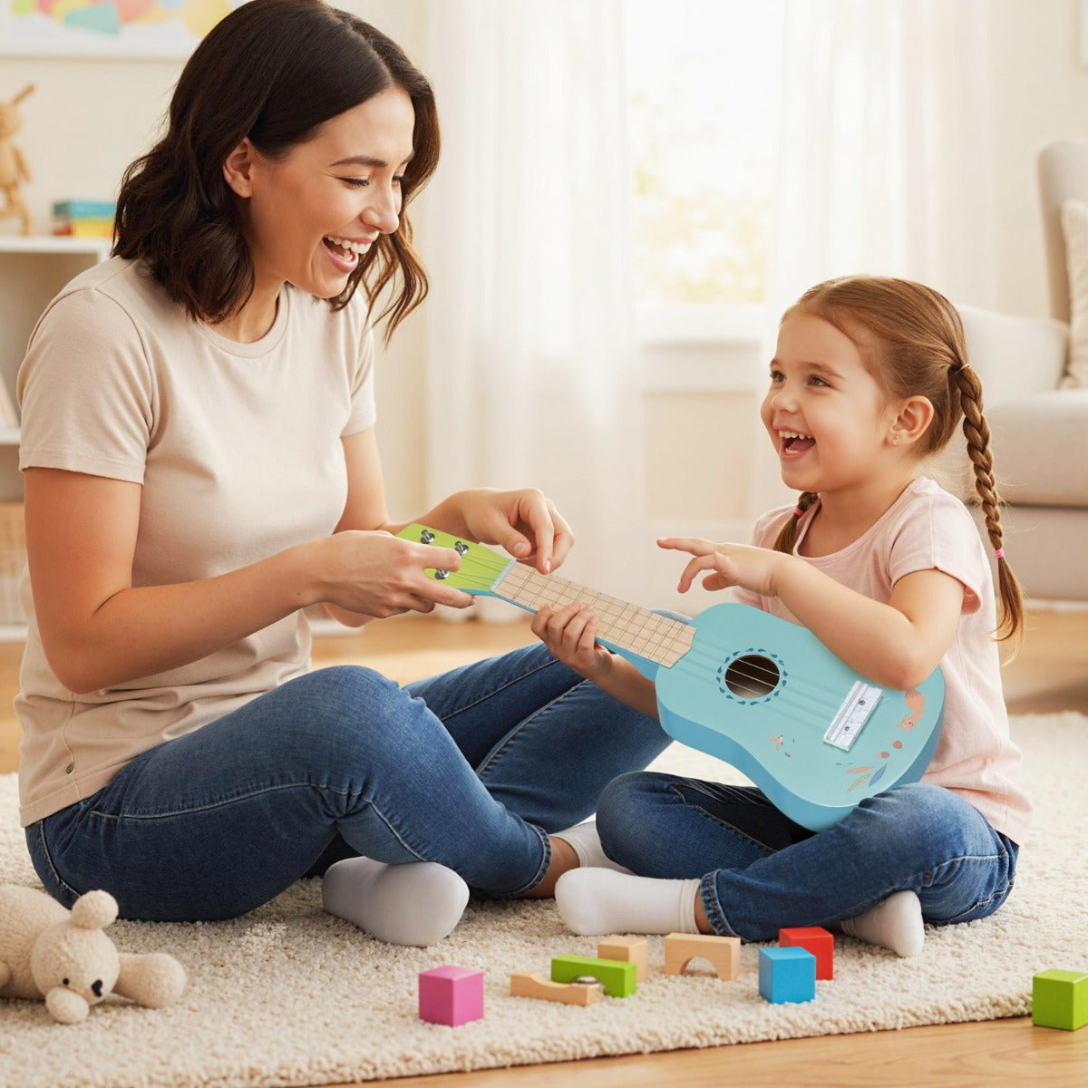 A mother and daughter laughing while sitting on a rug and playing a light blue toy ukulele