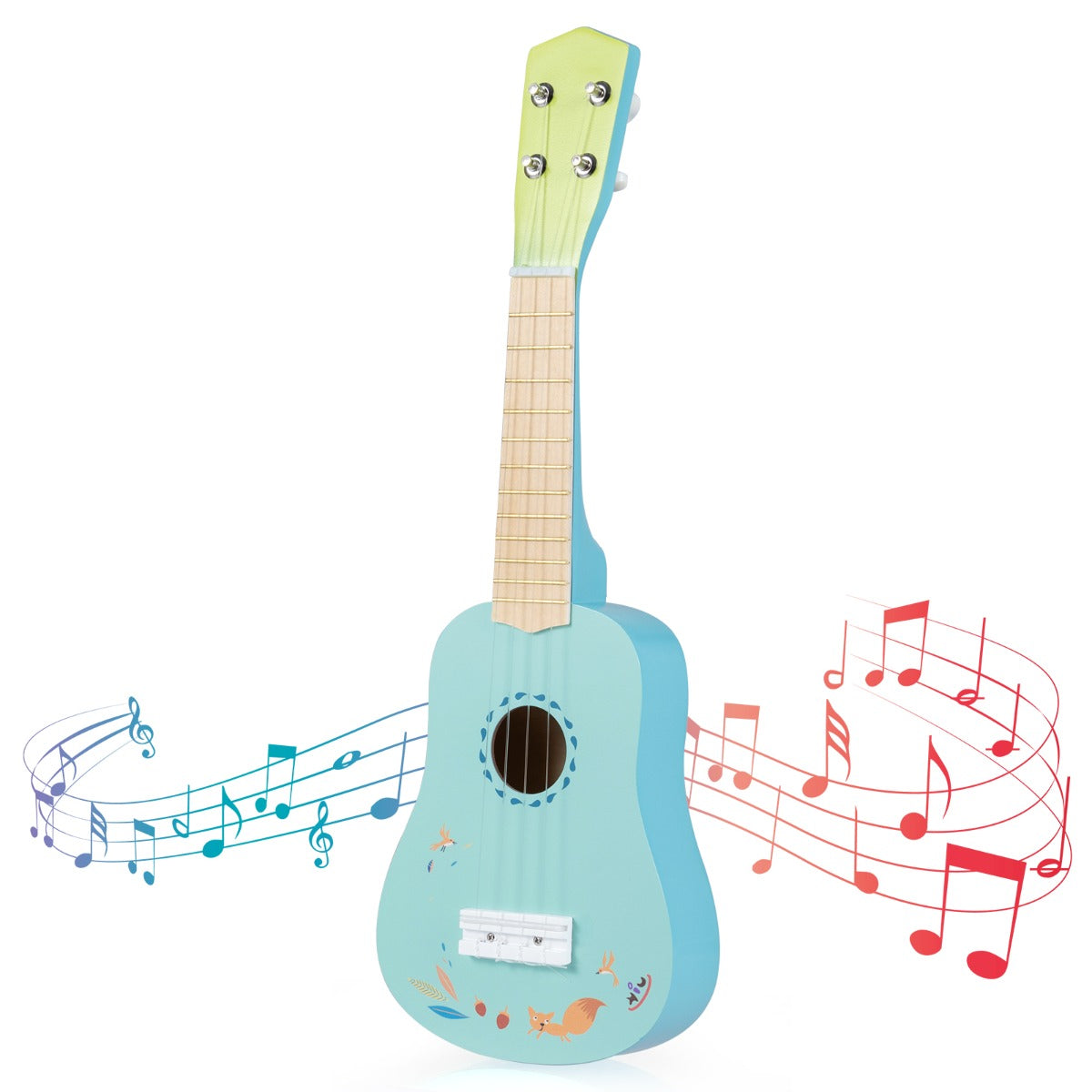 Toy Ukulele with Laminated Basswood Body, a light blue instrument with a natural wood neck and colourful musical notes