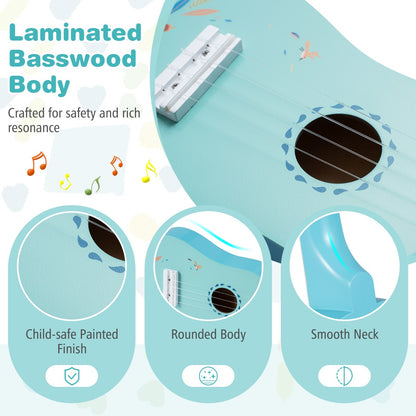 Close-up views of the toy ukulele showing its painted finish, rounded body and smooth neck