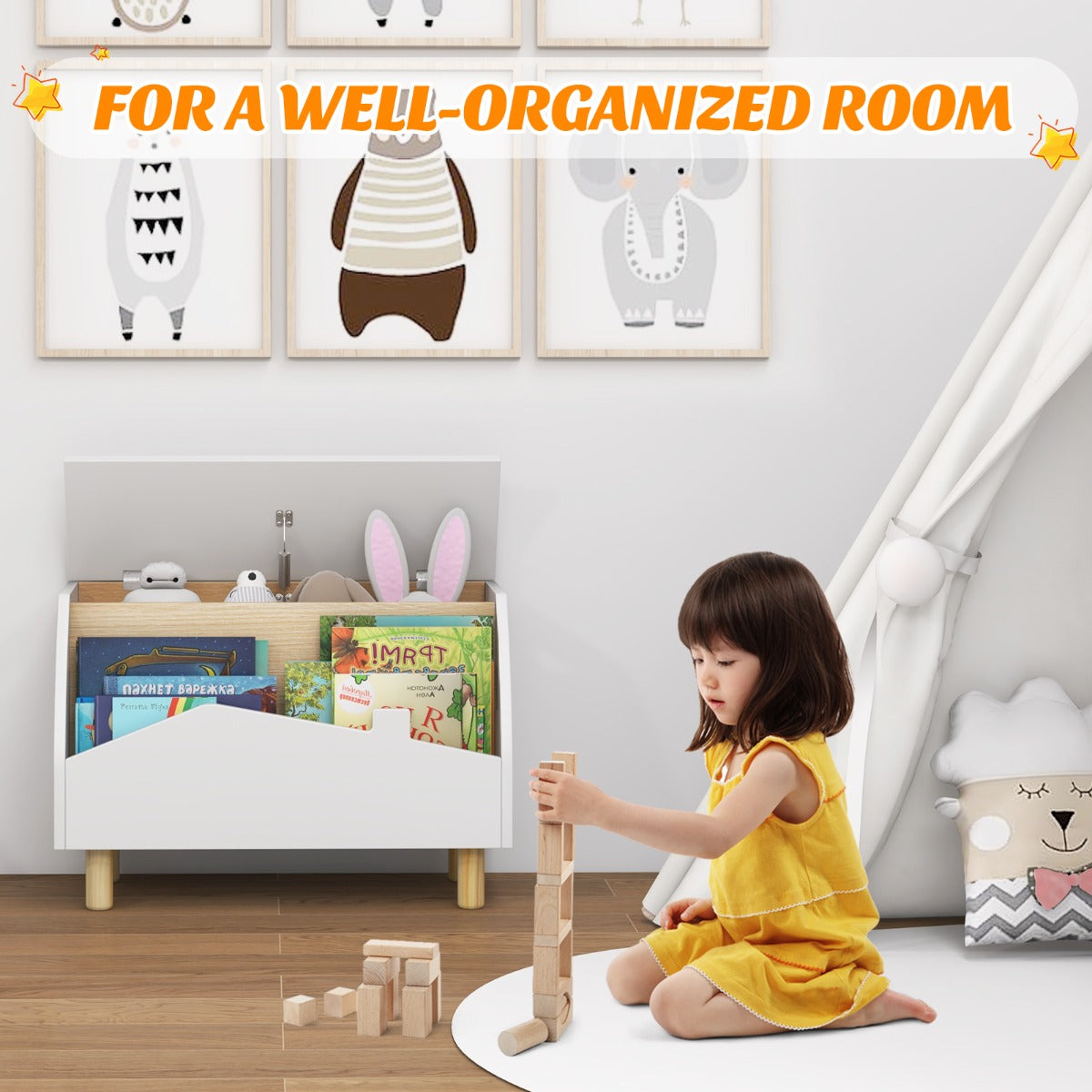A young girl plays with wooden blocks next to the kids storage unit in a bright playroom setting