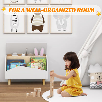 A young girl plays with wooden blocks next to the kids storage unit in a bright playroom setting