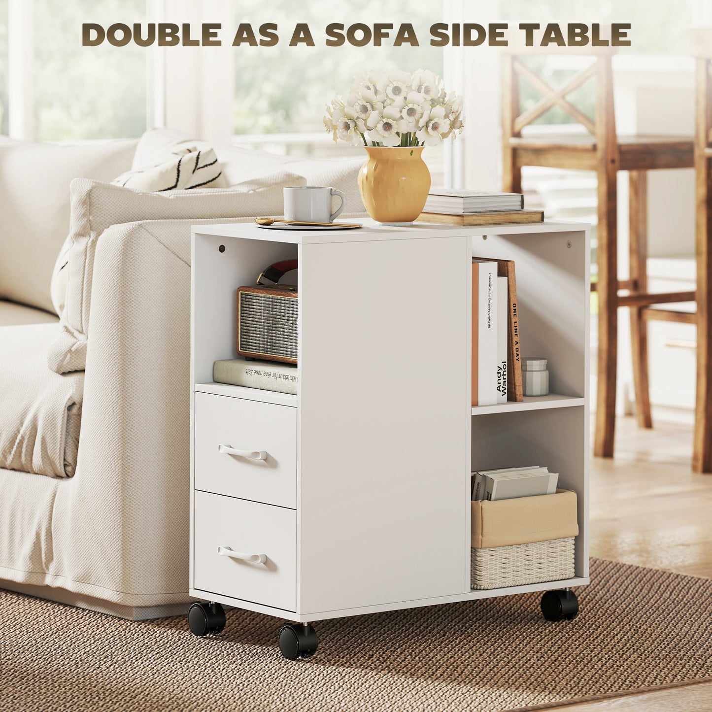 HOMCOM Narrow Mobile Printer Table with Wheels, Rolling Printer Stand with Drawers for Home Office, 30 x 60 x 65 cm, White