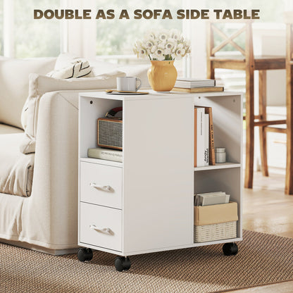 HOMCOM Narrow Mobile Printer Table with Wheels, Rolling Printer Stand with Drawers for Home Office, 30 x 60 x 65 cm, White