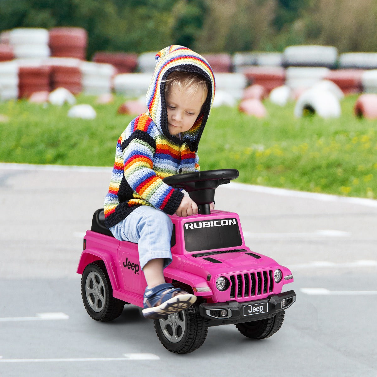 Toddler boy wearing a colourful hooded jumper sitting on the pink ride on push car