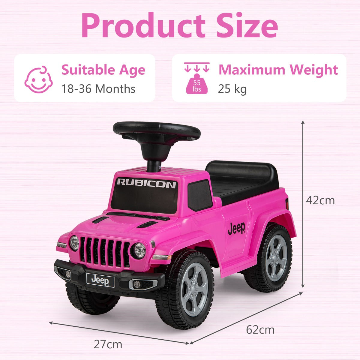 Product size diagram of the pink ride on push car showing dimensions and weight limit