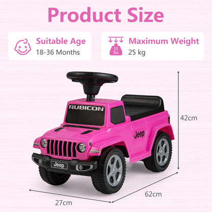 Product size diagram of the pink ride on push car showing dimensions and weight limit
