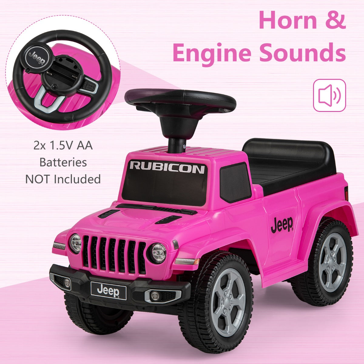 Pink ride on push car with steering wheel and engine sound feature highlighted