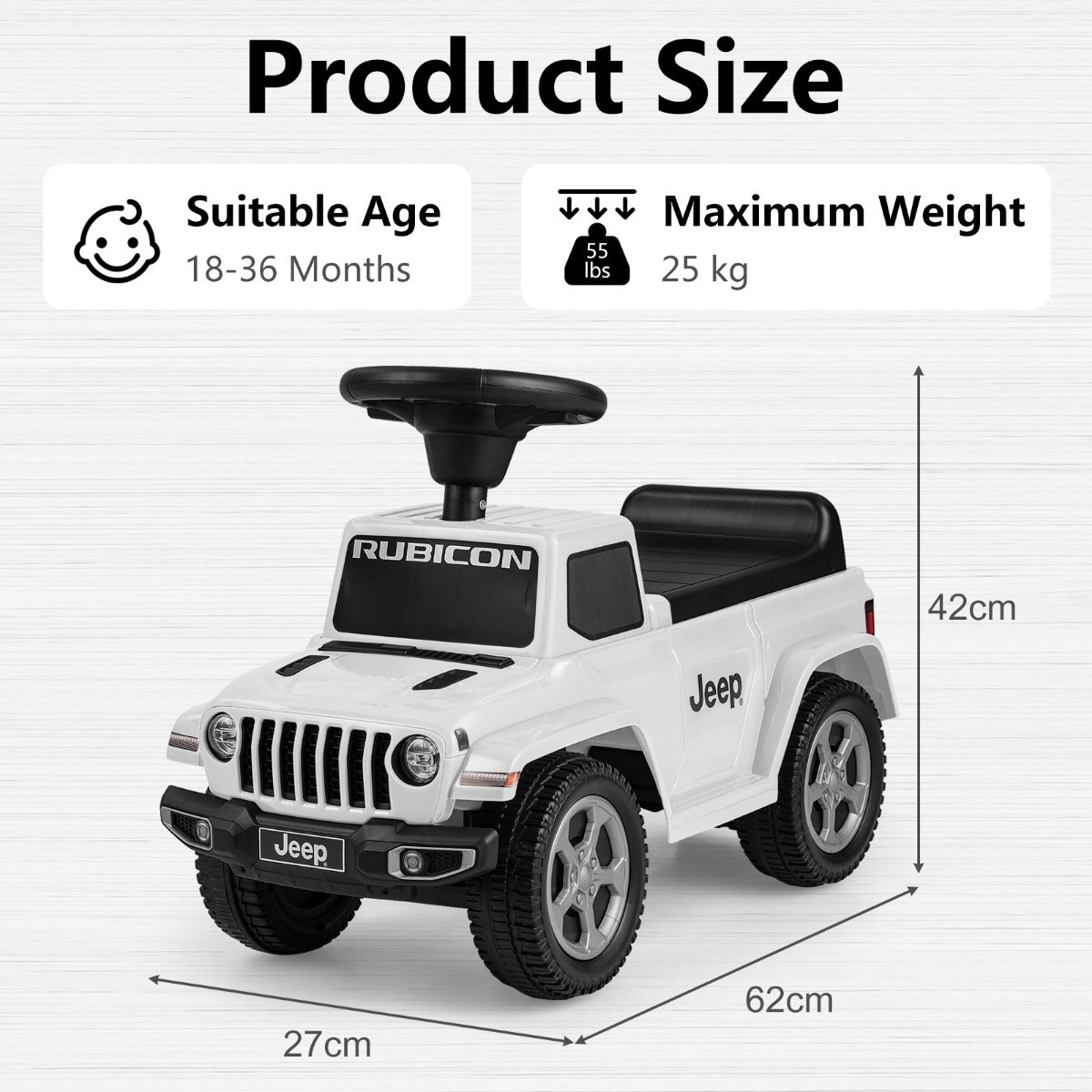 Product size diagram for the white ride on push car showing dimensions and weight limit