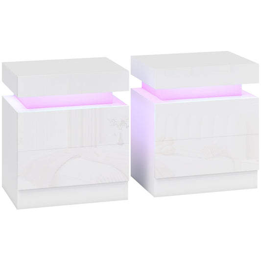 HOMCOM White Bedside Table with LED Light, High Gloss Front Nightstand with 2 Drawers, for Living Room, Bedroom, Set of 2