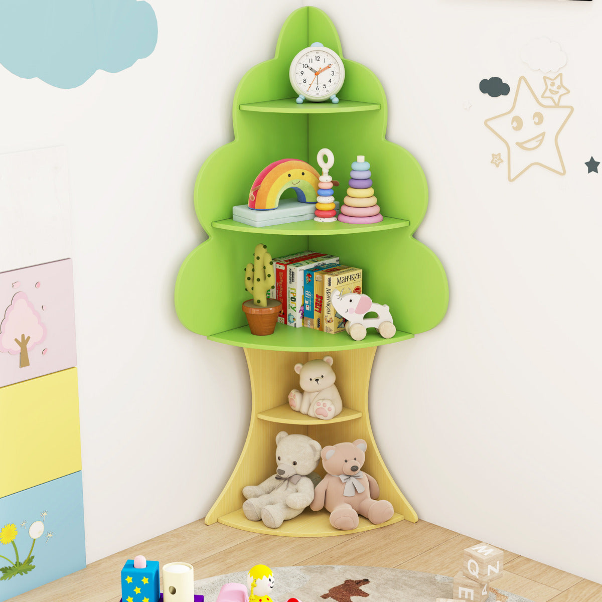 The kids storage unit placed in a corner filled with books and various children toys