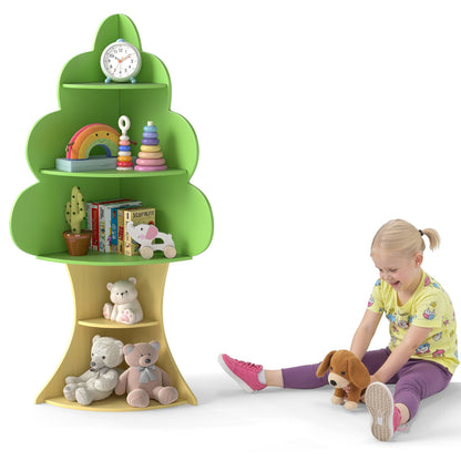 The green tree bookshelf filled with toys and books, with a child playing nearby