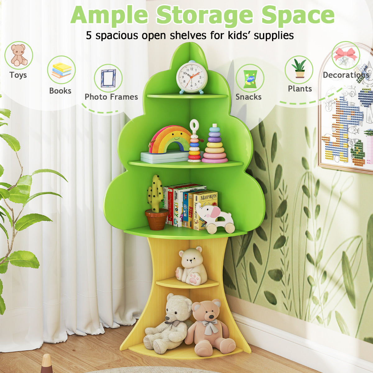 The kids storage unit showing five open shelves filled with books and decorative items