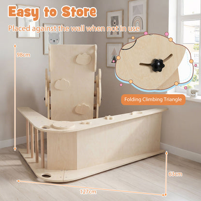 The climbing set folded up and placed against a wall for storage