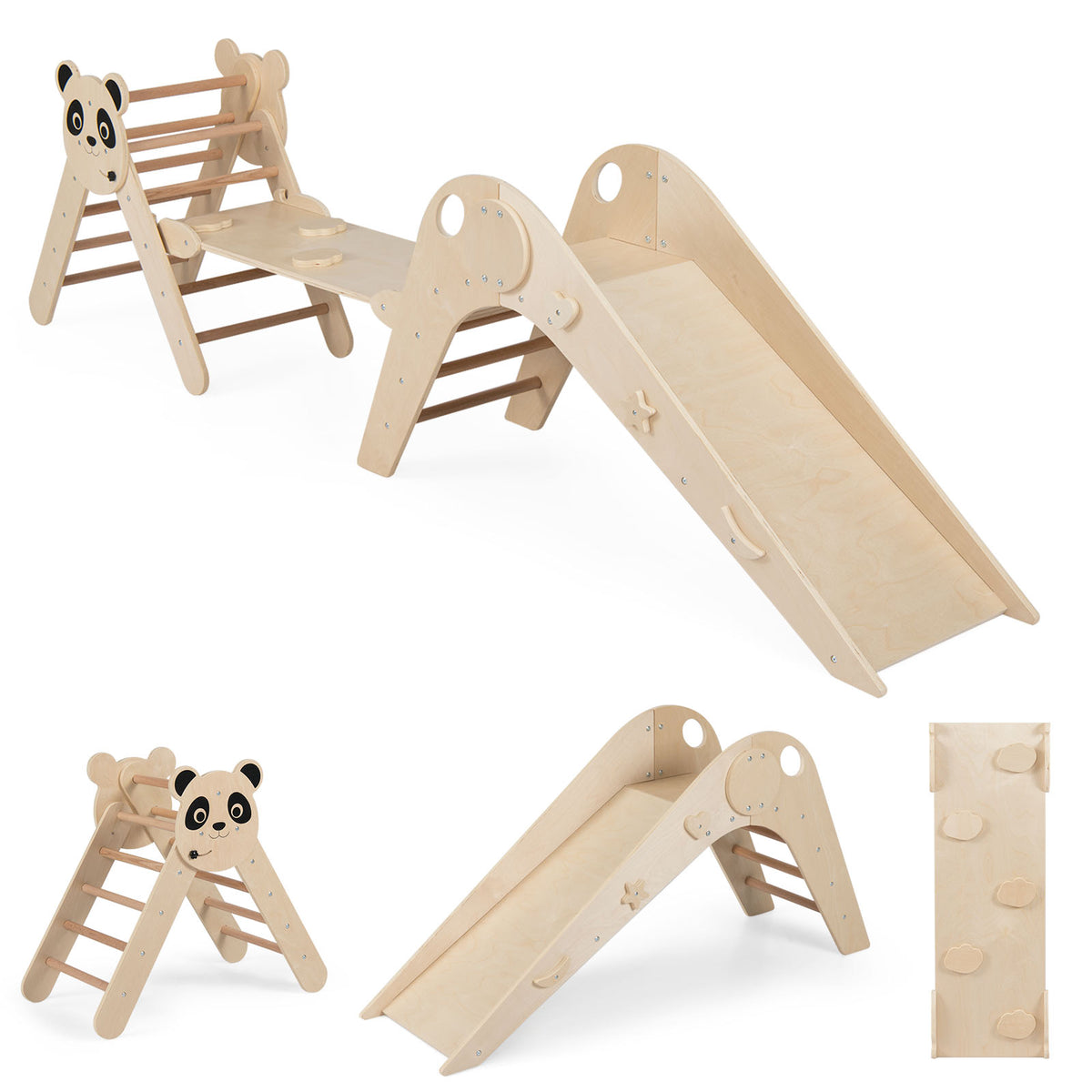 Triangle Set Foldable Kids Climbing Toys Panda-Themed Wood Montessori Climbing Set in full assembly