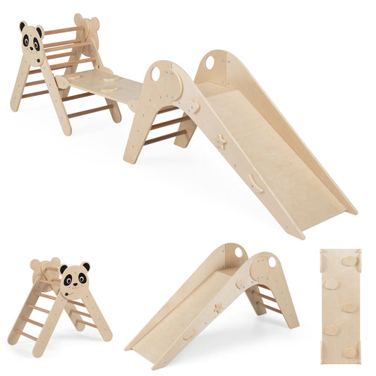 Triangle Set Foldable Kids Climbing Toys Panda-Themed Wood Montessori Climbing Set in full assembly
