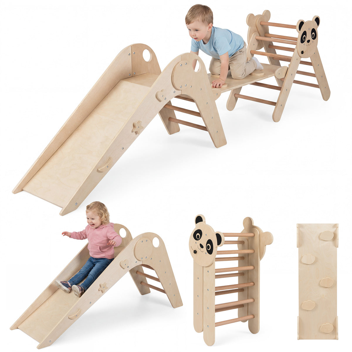 The climbing set shown in various configurations with a child playing