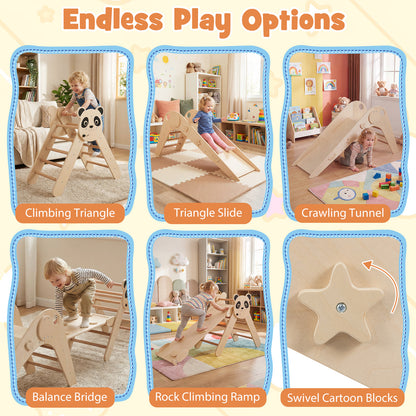 The climbing set demonstrating various play options and assembly features