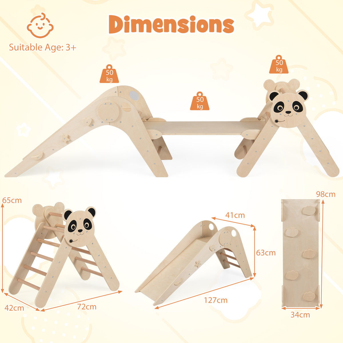 The climbing set showing dimensions and weight limits for the wooden structure